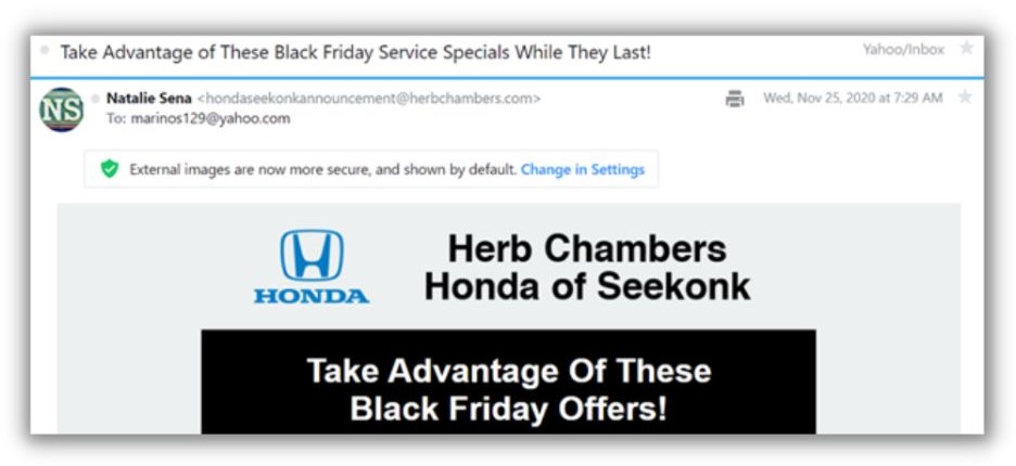 Thanksgiving email - example from Herb Chambers Honda