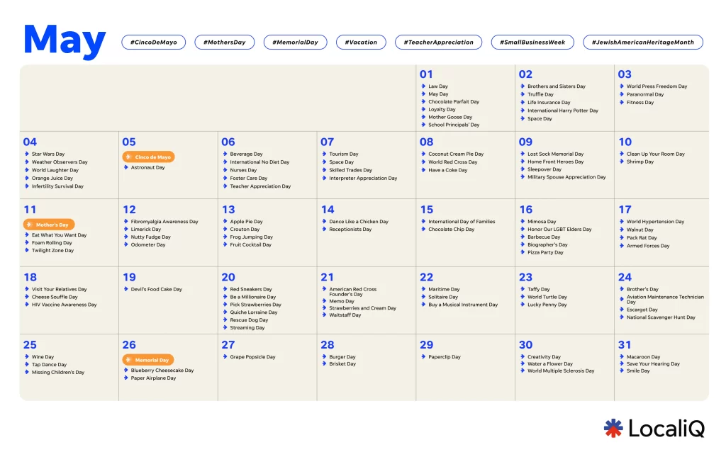2025 marketing calendar - may social media holidays