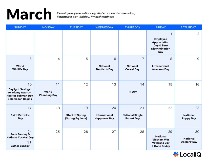march marketing calendar - social media holidays