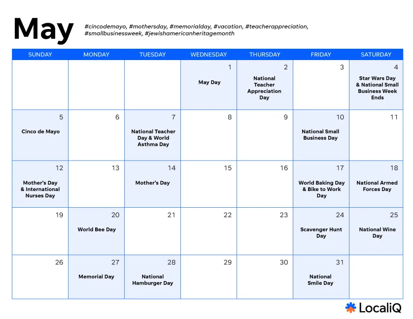 social media holidays - may marketing calendar