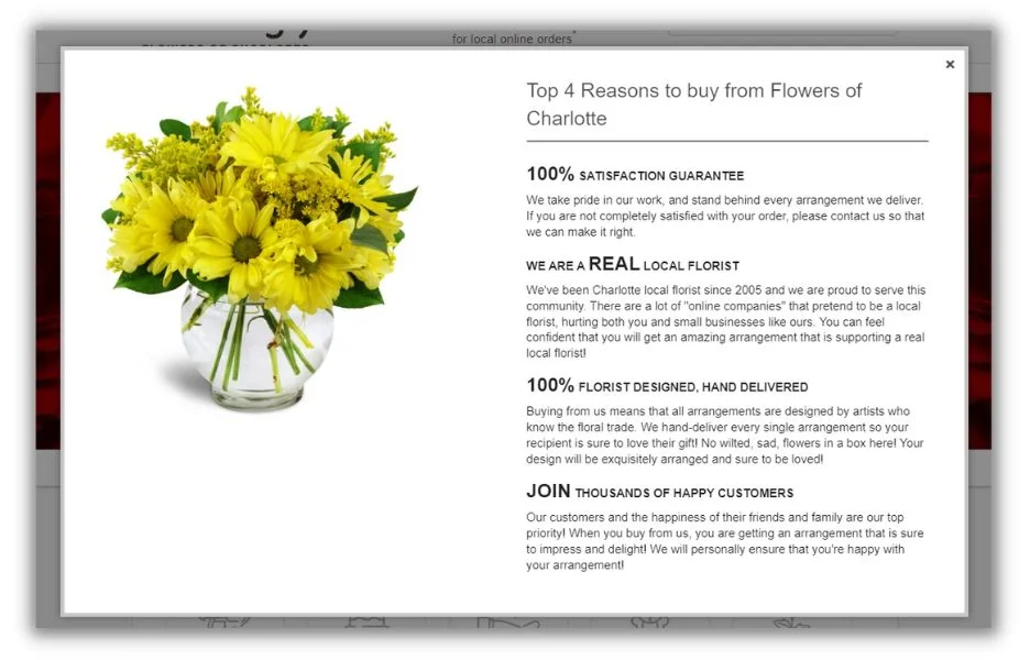 lead generation website examples - lovingly flowers of charlotte popup
