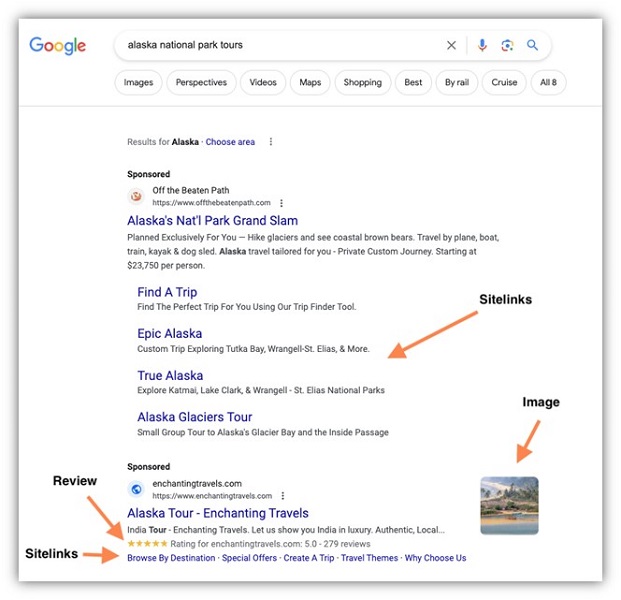 ppc optimization - examples of ad assets on serp