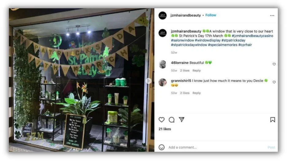 st patricks day social post featuring window display