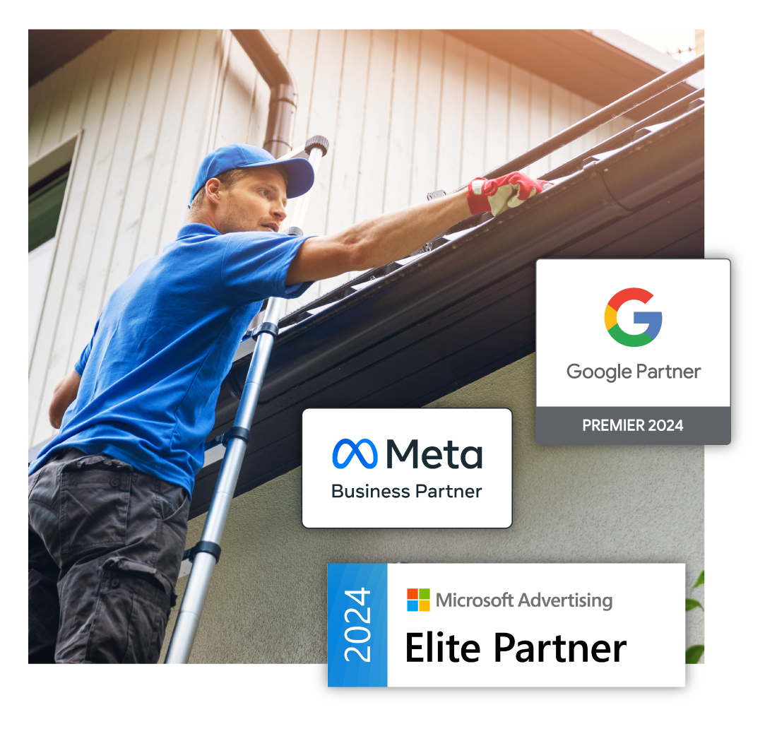 Photo of a roofer working with Meta, Microsoft and Bing logos in the foreground of the image