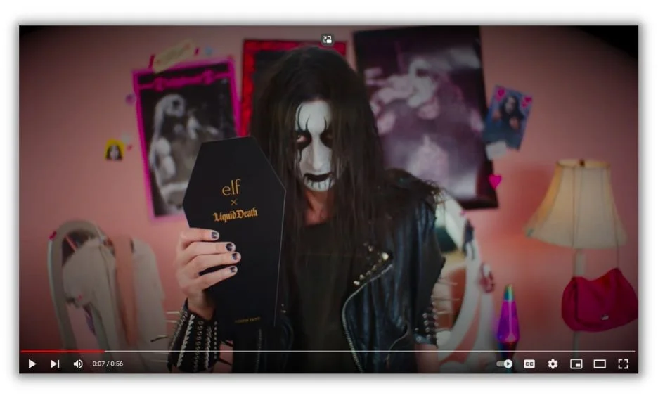 Brand awareness examples - Screenshot of a video ad collaboration from e.l.f. and death water.