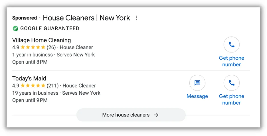 example of google local services ads for house cleaning business