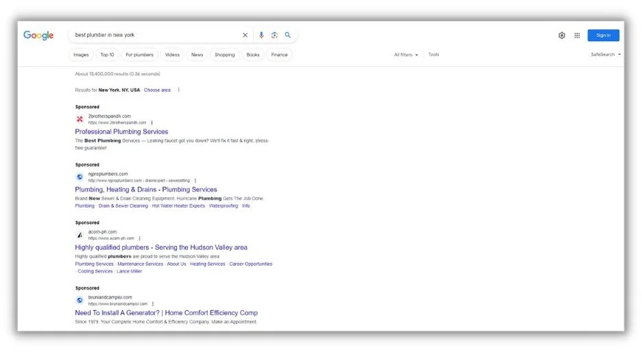 marketing leads - Google search results page.
