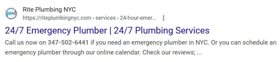 SEO examples - Emergency plumber Google result.