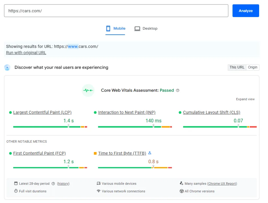 SEO examples - Page speed example.