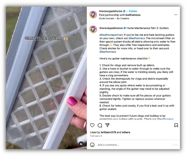 example of home service promotion on instagram with influencer