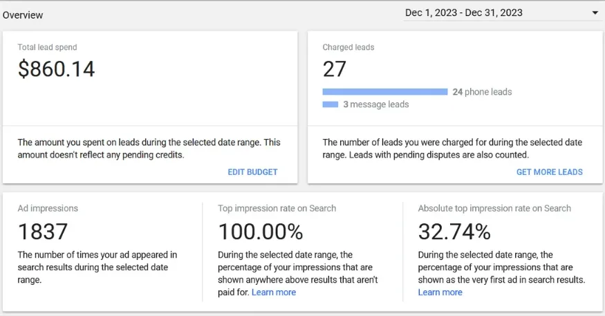 local services ads - google lsa report screenshot