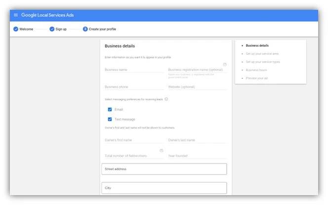google local services ads - set up business information