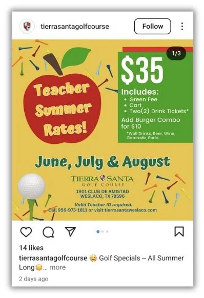 July promotion ideas - ad for teacher's discount.