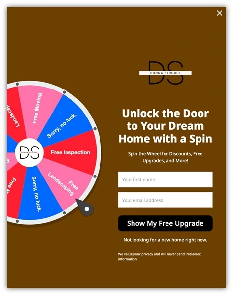 giveaway ideas - wheel spin pop-up example