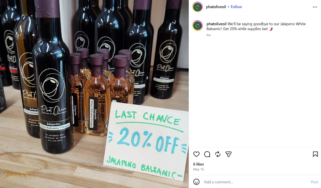 Social media lead generation - Olive oil sale post.