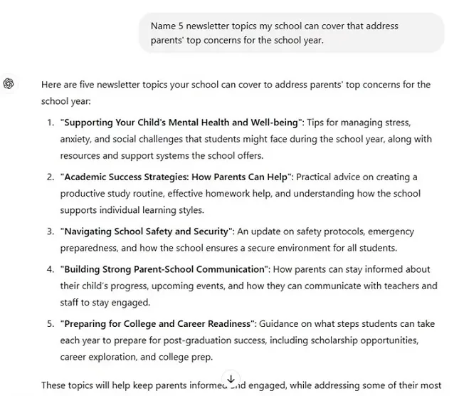 ai prompts for business - education newsletter ideas