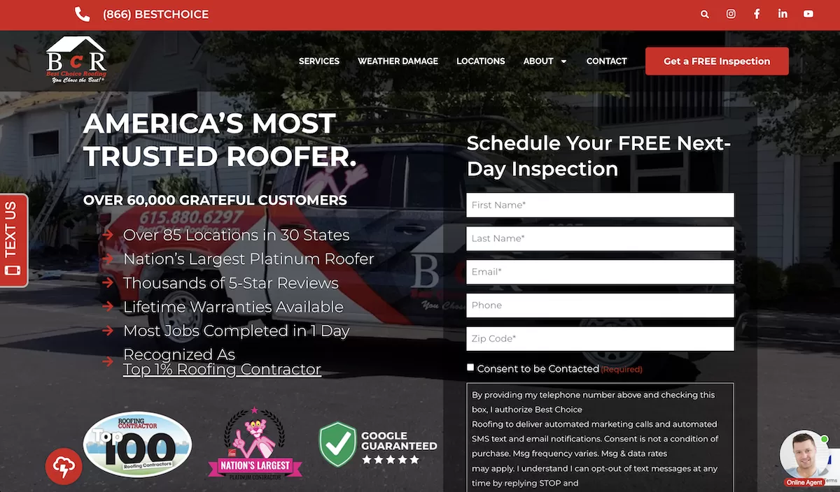 example of roofing landing page with free consult, live chat, and texting capabilities