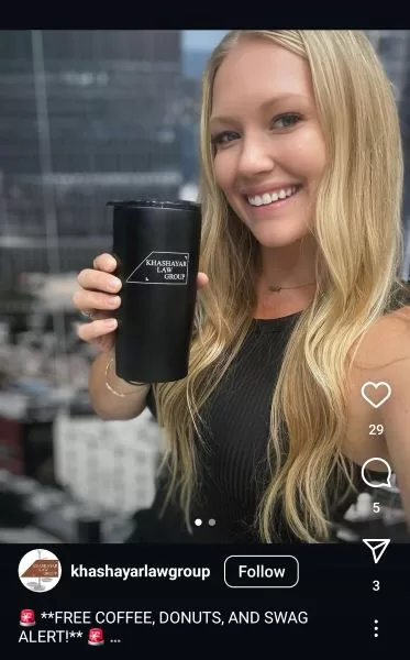 Lead follow up - Woman holds branded mug.