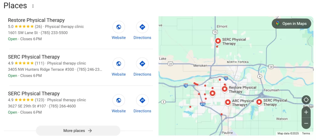 Physical therapy marketing -Google results page for PT in Topeka.