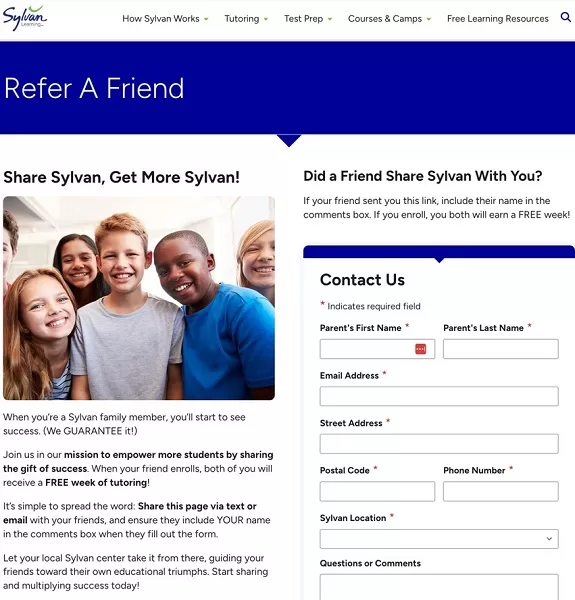 referral program examples - sylvan center program screenshot