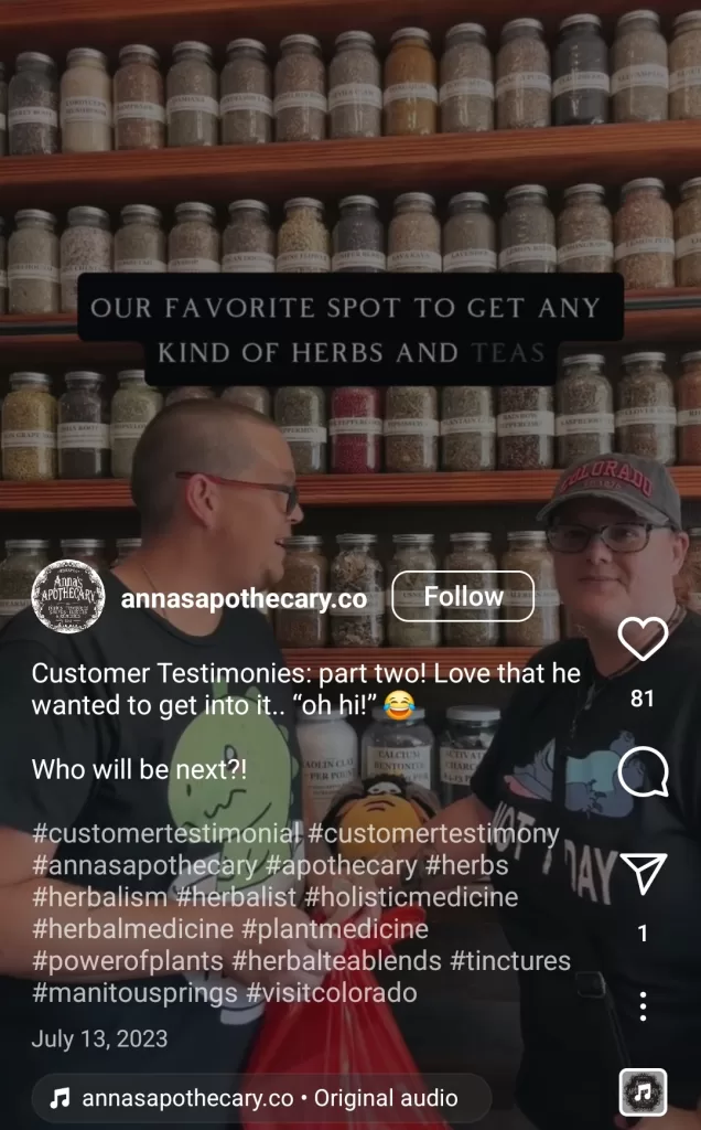 Testimonial examples - Instagram testimonial for apothacary.