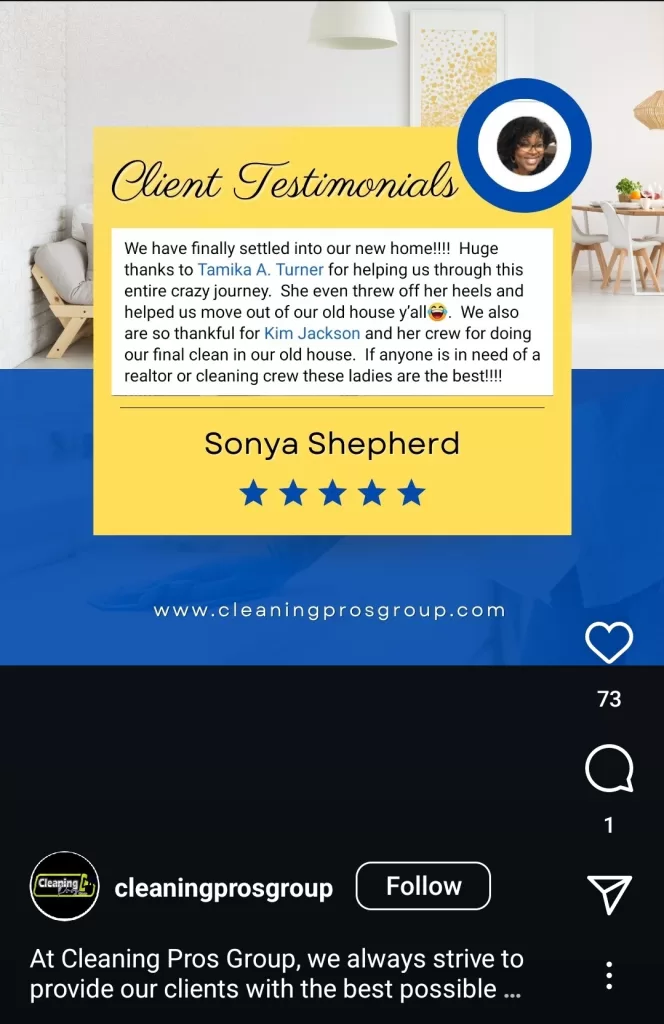 Testimonial examples - social media testimony for cleaning company.