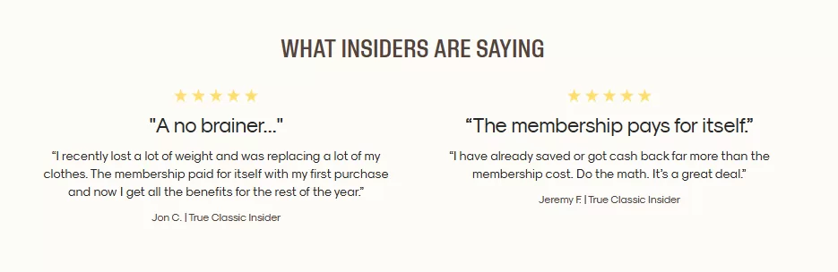Testimonial examples - quote testimonials from True Classic website.
