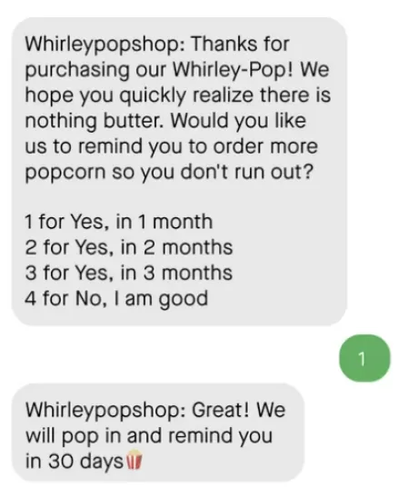 Text promotions - text from Whirley Pop.