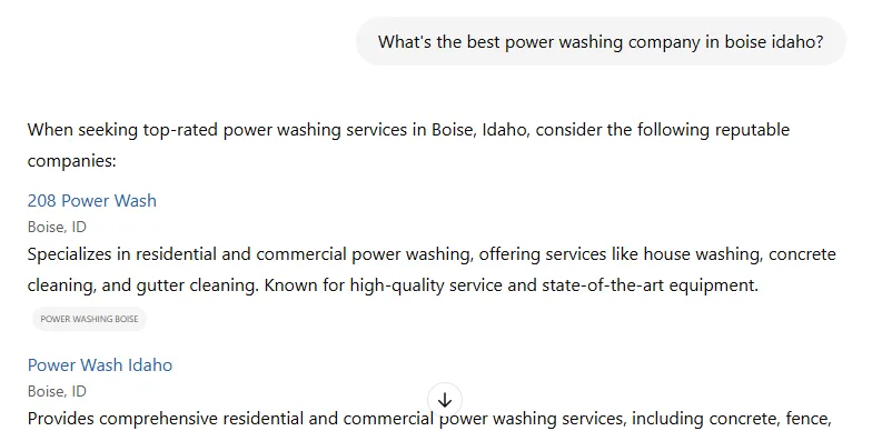 chatgpt search for best power washing company in boise