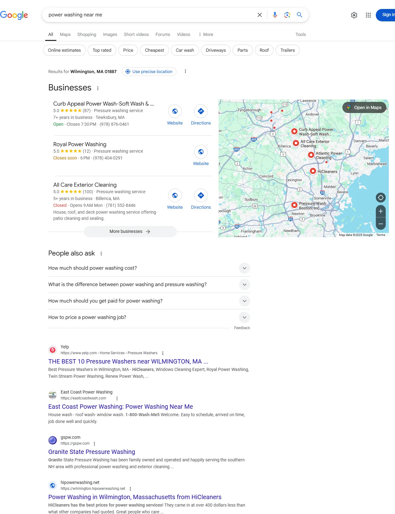 google search results for power washing near me