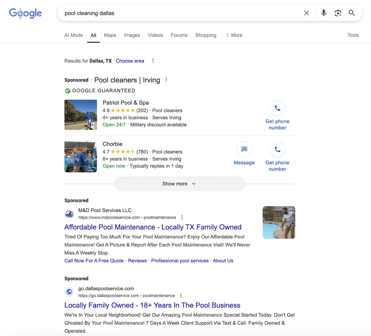 google local services ads examples for pool cleaning dallas search