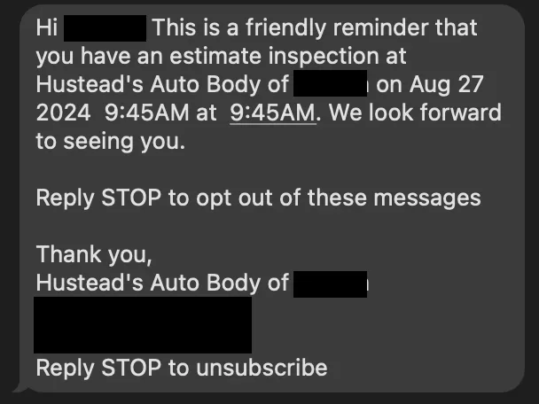 SMS marketing examples - text from an auto body shop.