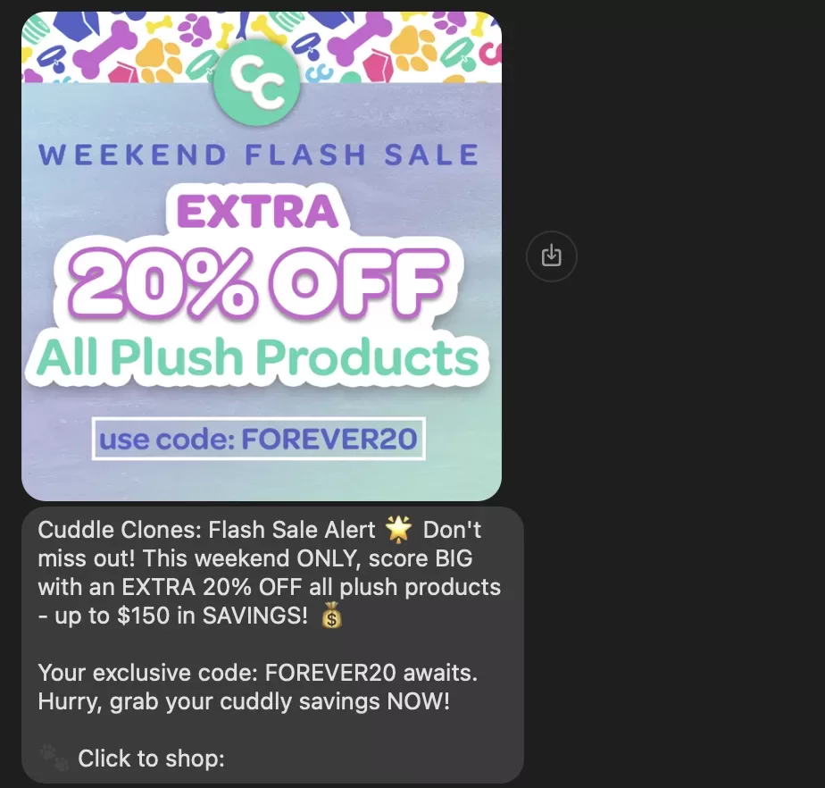 SMS marketing examples - text from Cuddle Clones.