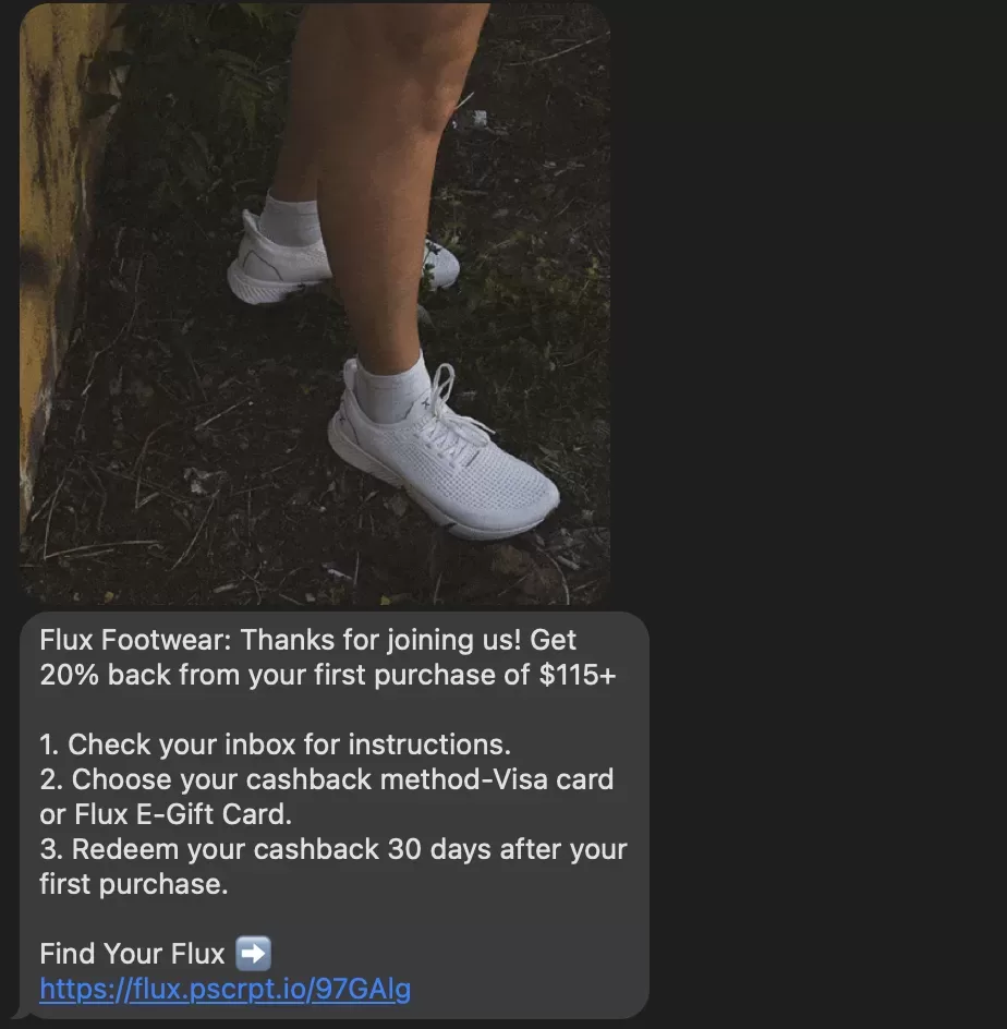 SMS marketing examples - text from Flux Footwear.