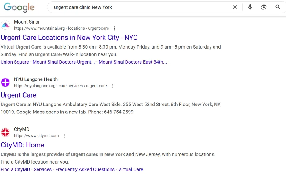 Urgent care marketing - Google results page.