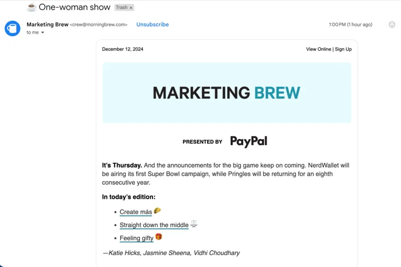 content marketing examples - marketing brew content email screenshot