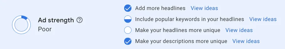 google ads copy - ad strength indicator