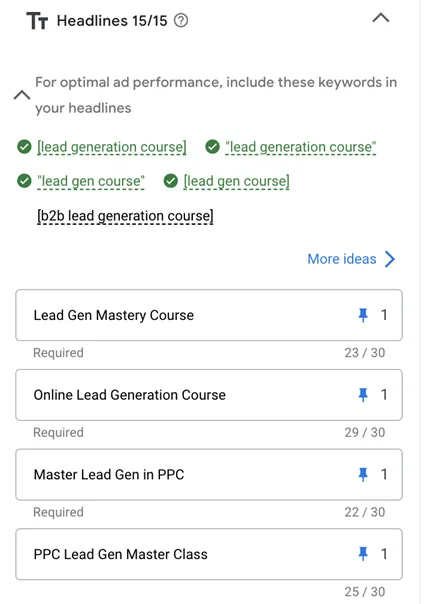 google ads copy - example headline set up