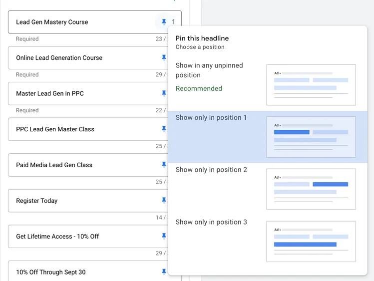 google ads copy - asset pins