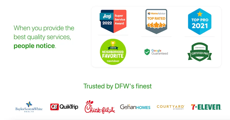 lawncare business about us page with awards and client logos