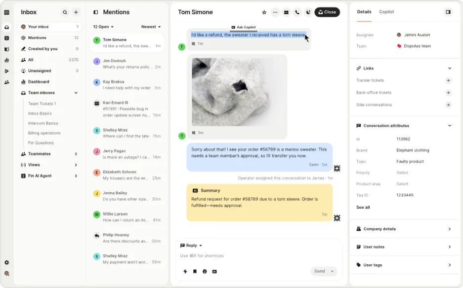 AI for customer service -Intercom screenshot.