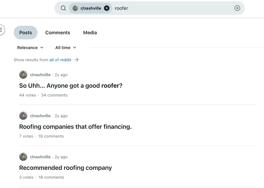 Roofing leads - Reddit page.