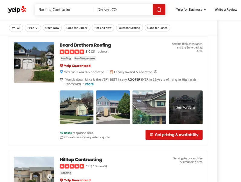 Roofing leads - Yelp page