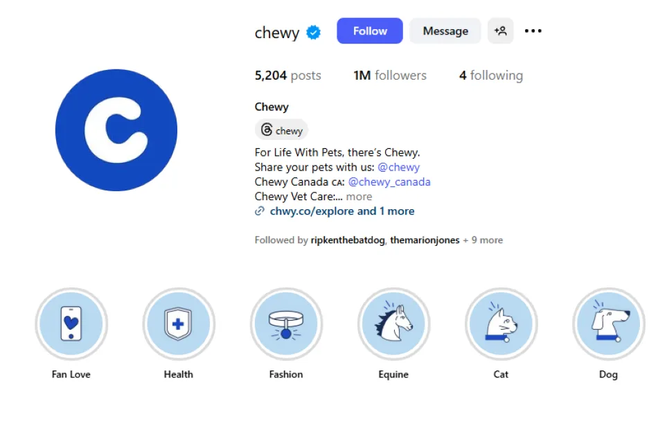 Social media tips - Chewy profile.