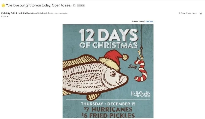 holiday discount email example from fish city grill