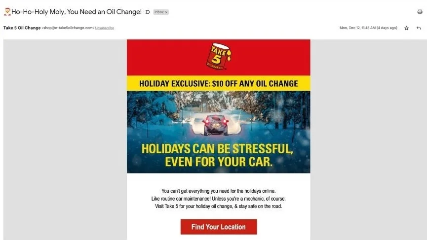 service discount holiday email example from take 5 oil change