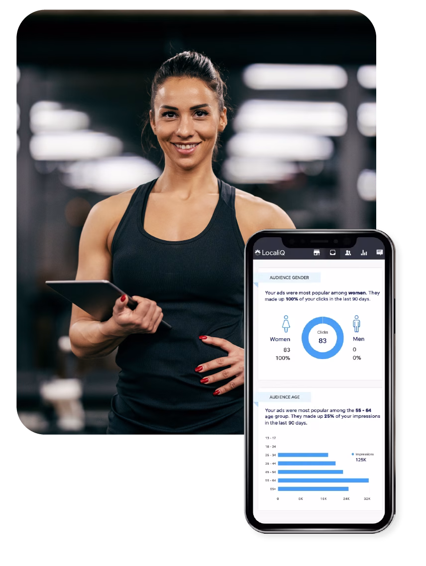 A mobile device showing campaign reporting for a fitness business