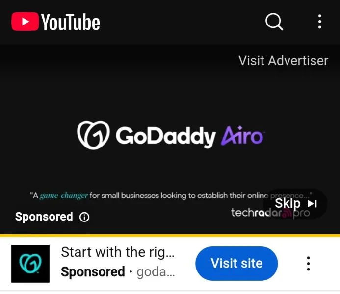 YouTube ads - ad from GoDaddy