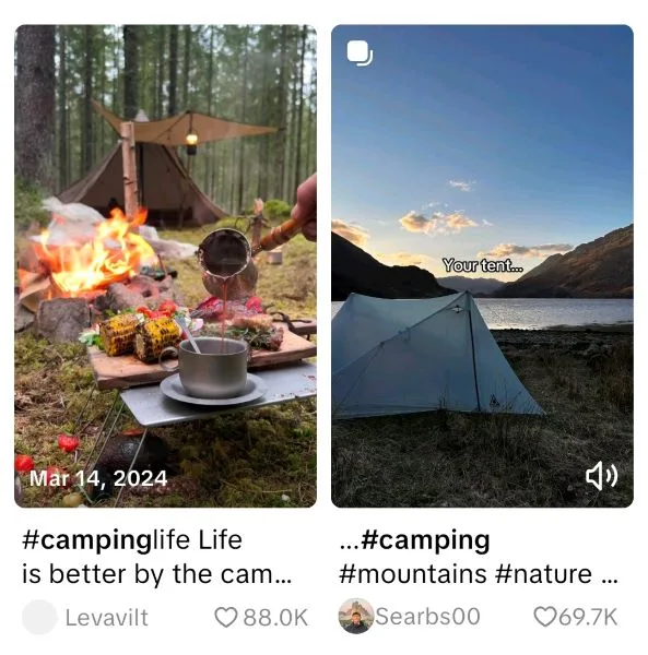 Tiktok hashtags - Two TikToks in Explore page showing hashtags.