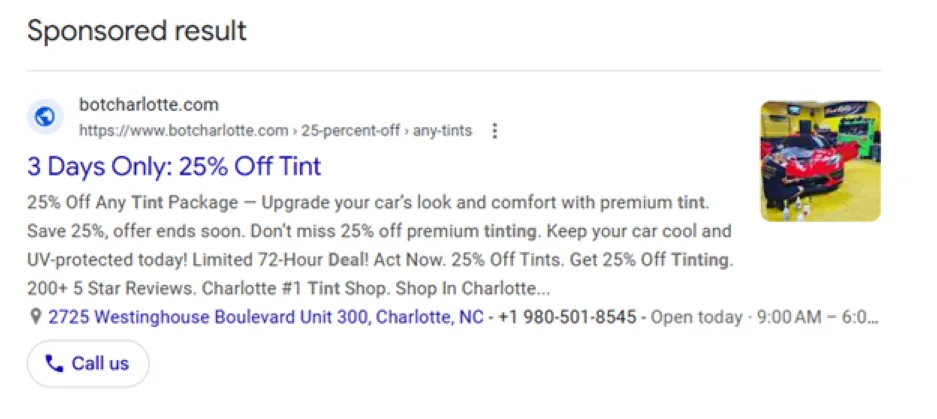 Automotive search advertising benchmarks - promotion in a search ad.